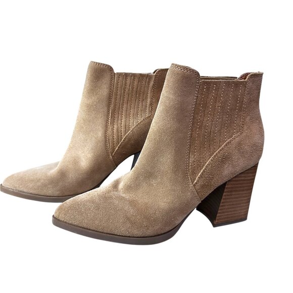 Marc Fisher Womens Ankle Booties Size 8 B/M Taupe Suede Pointed Toe Block Heel - Picture 1 of 14